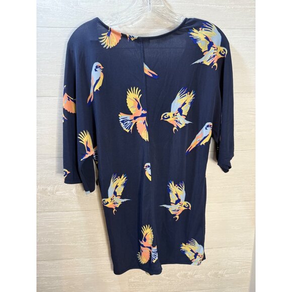 Deletta Navy Bird Print V-Neck Tunic Top With Half Sleeves Womens XS Lightweight - Picture 6 of 8